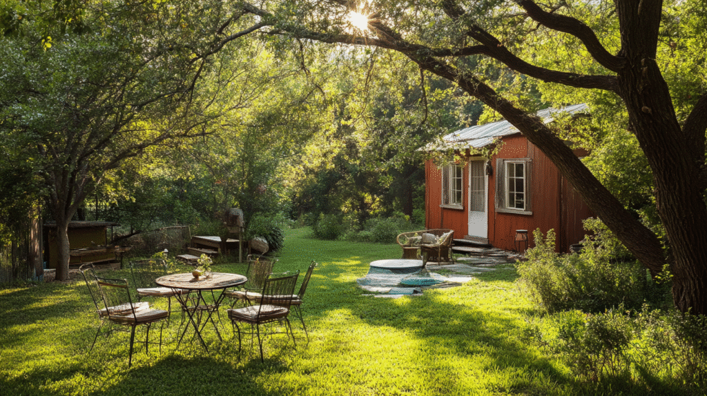 A sunlit backyard with a red shed, metal patio furniture, and lush green grass, surrounded by trees and dappled sunlight.