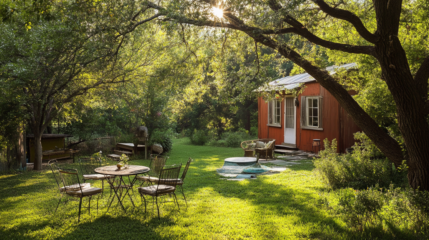 A sunlit backyard with a red shed, metal patio furniture, and lush green grass, surrounded by trees and dappled sunlight.