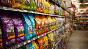 A supermarket aisle displays shelves stocked with various colorful bags, perfect for decoding pet food labels and choosing pet food from the best options available.