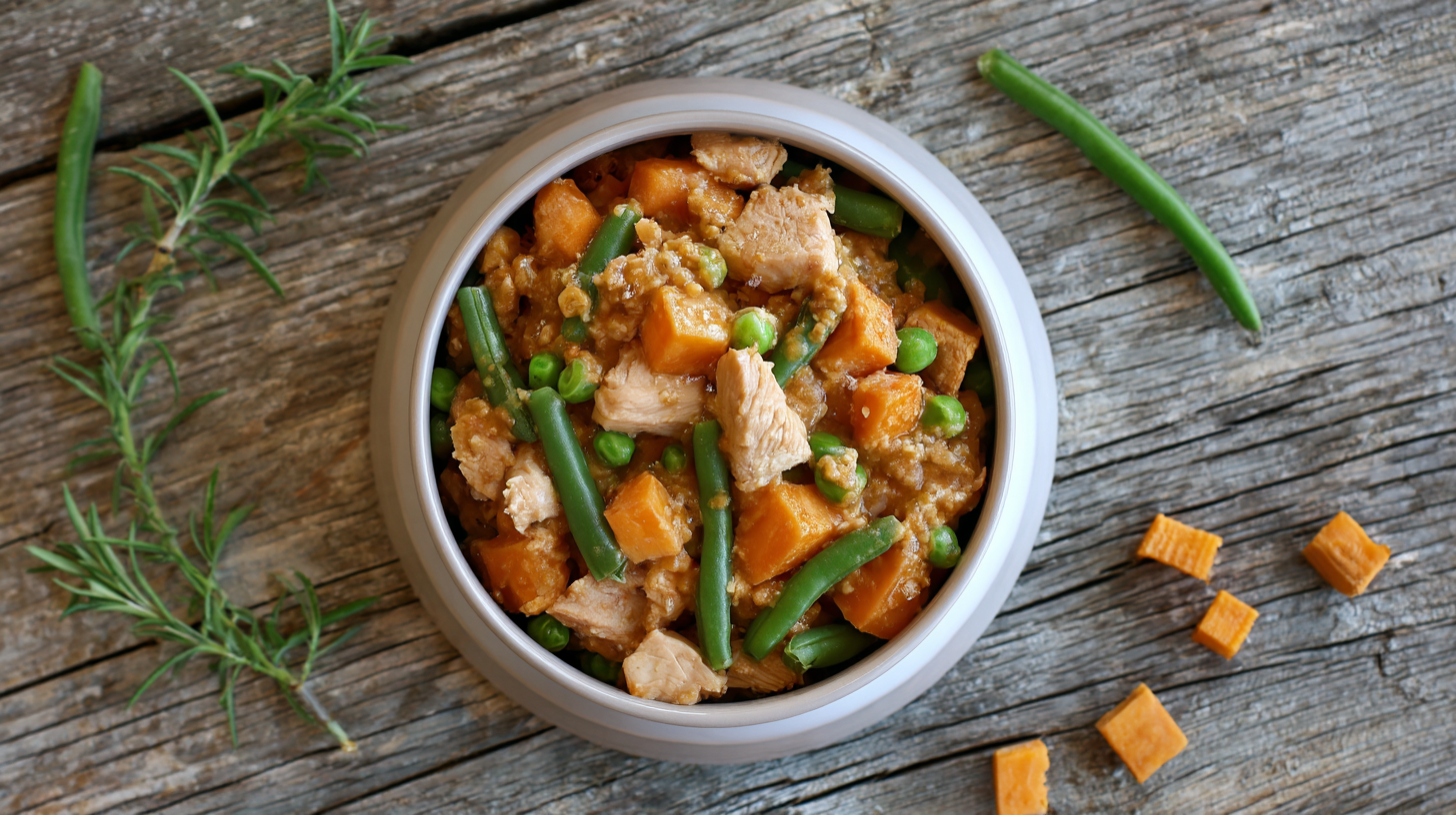 A bowl of Chicken & Sweet Potato Dinner for Dogs contains diced sweet potatoes, green beans, peas, and tender meat chunks on a rustic wooden surface, with sprigs of herbs and extra ingredients nearby.