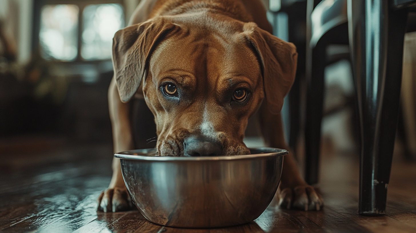 A brown dog is eating from a metal bowl filled with delicious dog food recipes on a wooden floor indoors, looking up with direct eye contact.