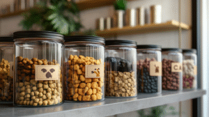 Glass treat storage jars filled with various types of pet food are lined up on a shelf, each jar labeled with icons indicating dog or cat food.