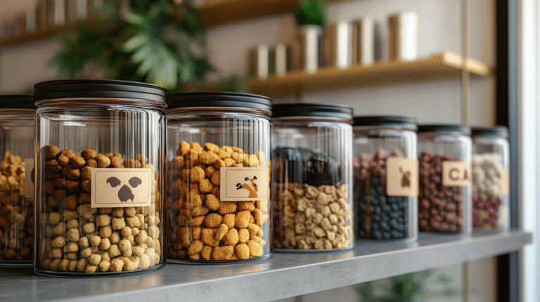 Glass treat storage jars filled with various types of pet food are lined up on a shelf, each jar labeled with icons indicating dog or cat food.