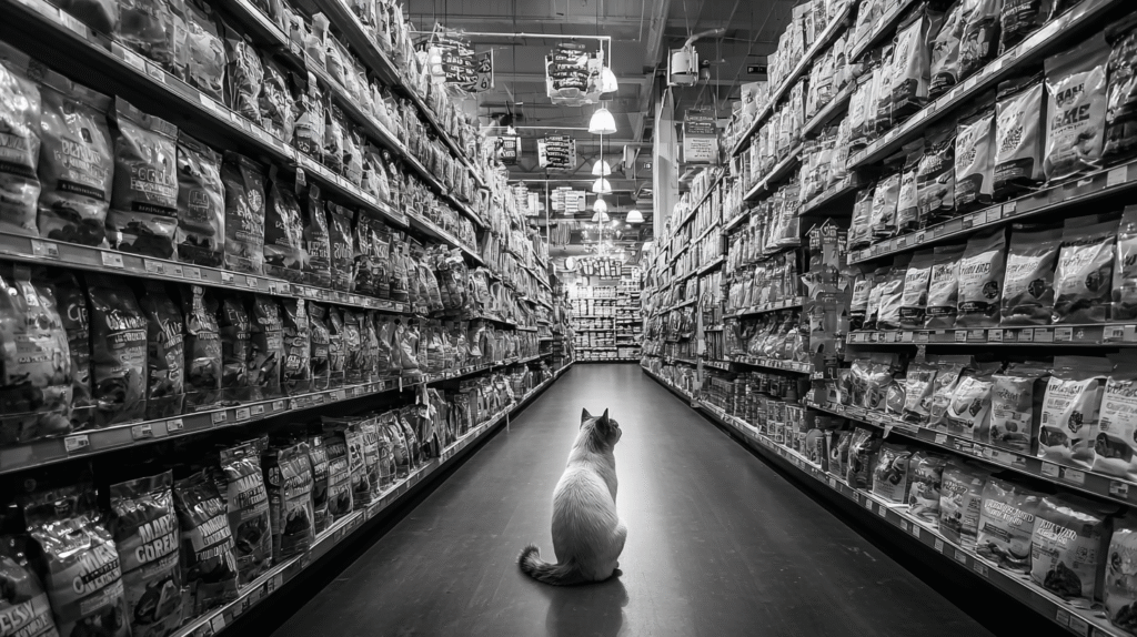 A cat sits in the middle of a grocery store aisle lined with shelves full of bags, likely pet food, under bright overhead lights-a reminder of the importance of choosing safe pet food for your furry friend.