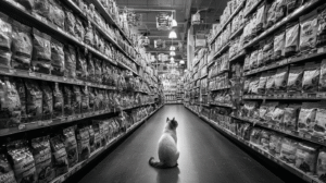 A cat sits in the middle of a grocery store aisle lined with shelves full of bags, likely pet food, under bright overhead lights-a reminder of the importance of choosing safe pet food for your furry friend.
