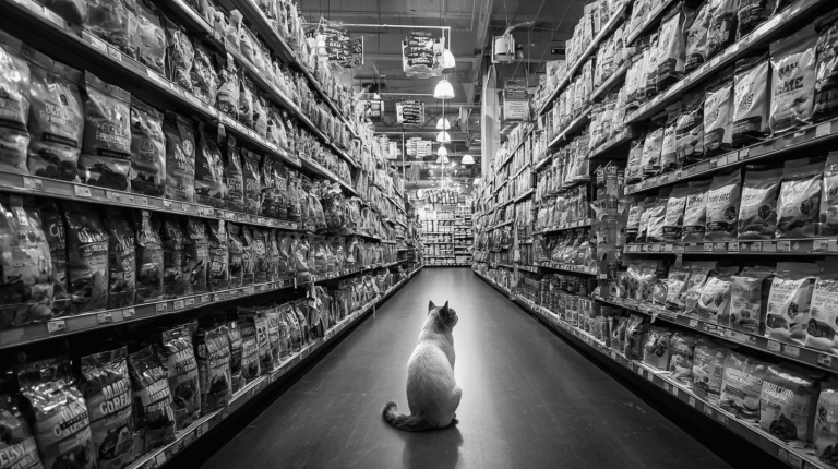 A cat sits in the middle of a grocery store aisle lined with shelves full of bags, likely pet food, under bright overhead lights-a reminder of the importance of choosing safe pet food for your furry friend.