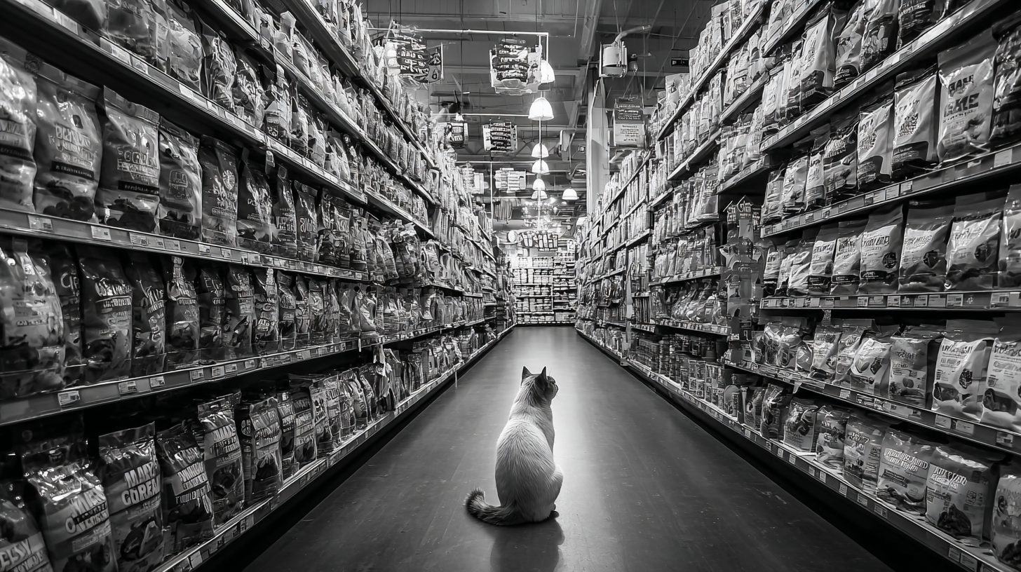 A cat sits in the middle of a grocery store aisle lined with shelves full of bags, likely pet food, under bright overhead lights-a reminder of the importance of choosing safe pet food for your furry friend.