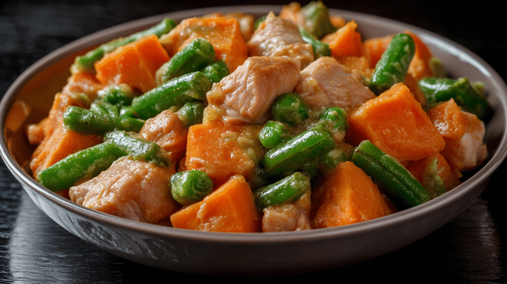 A bowl filled with Chicken & Sweet Potato Dinner for Dogs, featuring tender chicken pieces, sweet potatoes, and green beans on a dark surface.