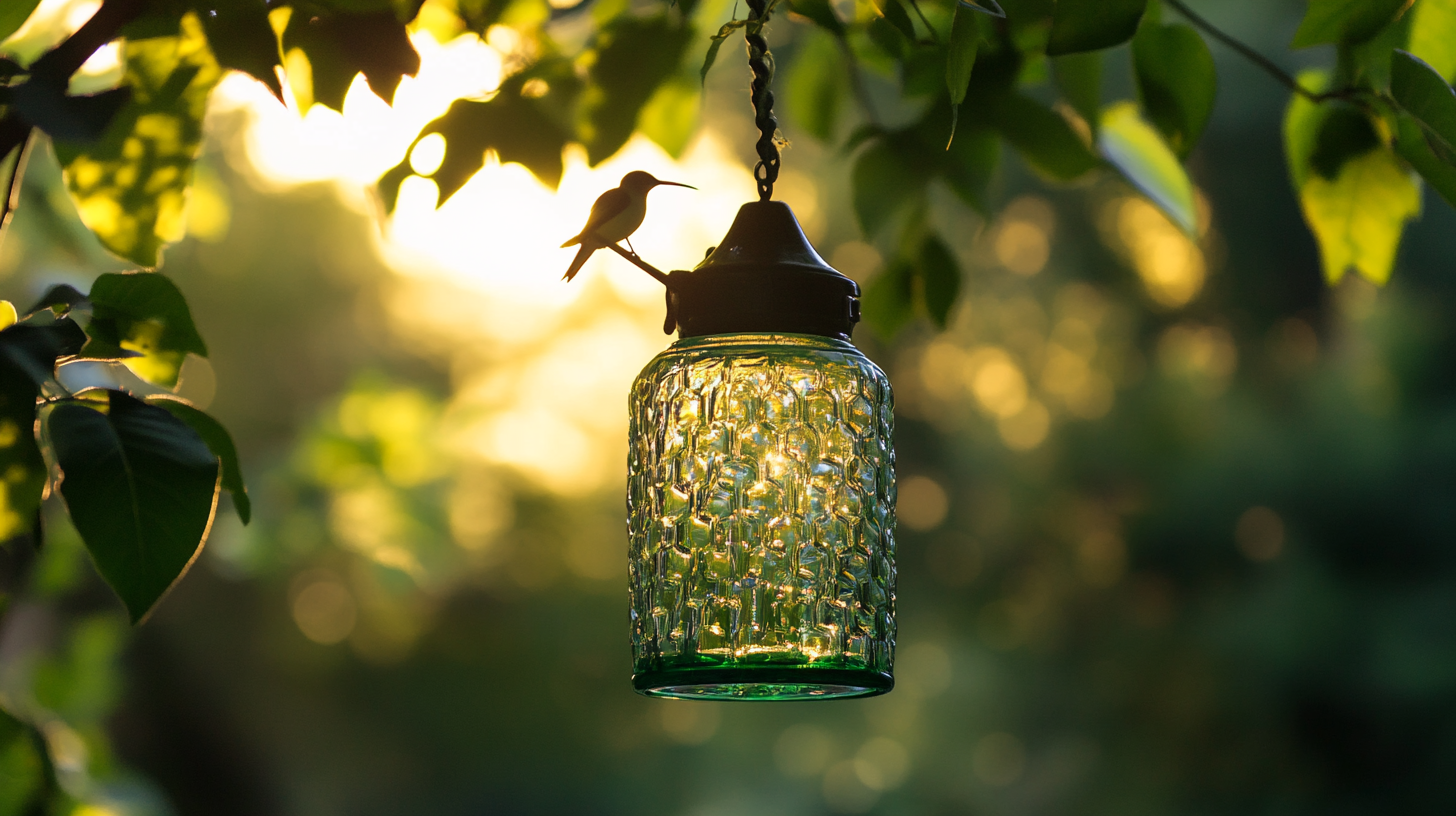 A green glass jar lantern hangs from a branch at sunset, with a small bird perched on its lid amid leafy surroundings.