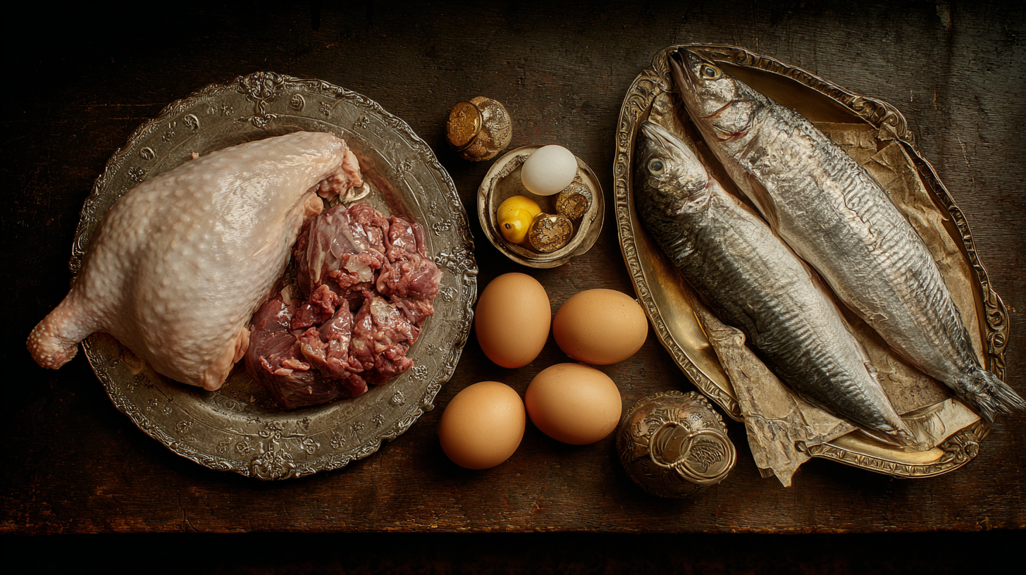 A plate with raw poultry and organ meat, another with two whole fish, four brown eggs, two small eggs, and vintage containers on a dark wooden surface highlights the potential risks of raw feeding alongside the benefits of raw diets for dogs.