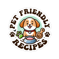 Illustration of a smiling dog with a food bowl, surrounded by the words "Pet Friendly Recipes" and paw prints.