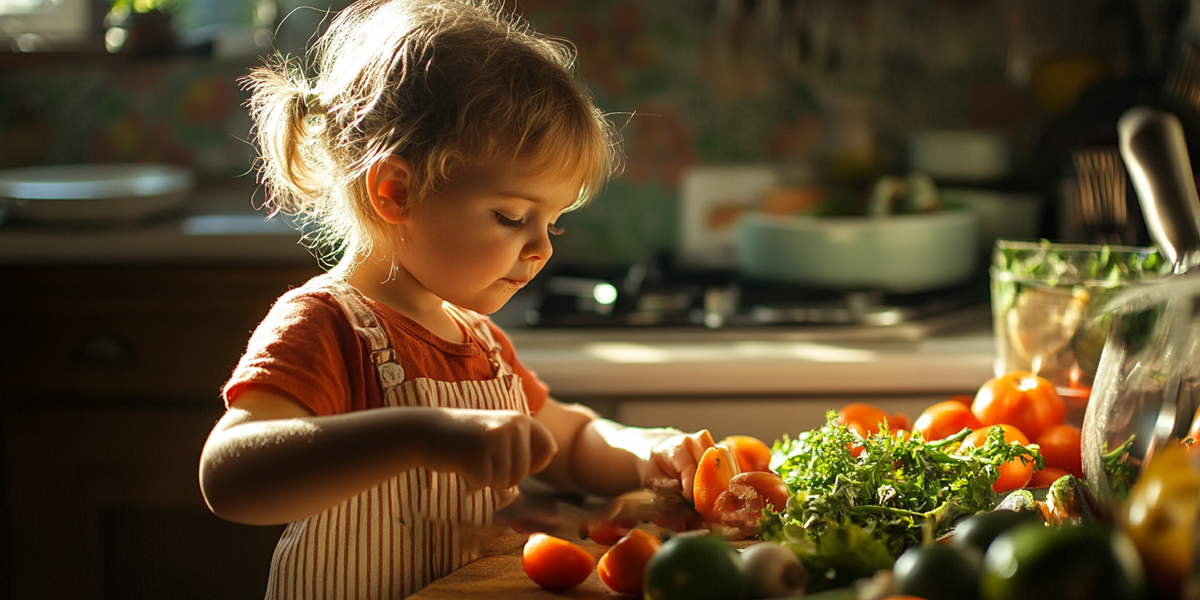 Young child in an apron slices tomatoes at a kitchen counter with various fresh vegetables and herbs in sunlight.