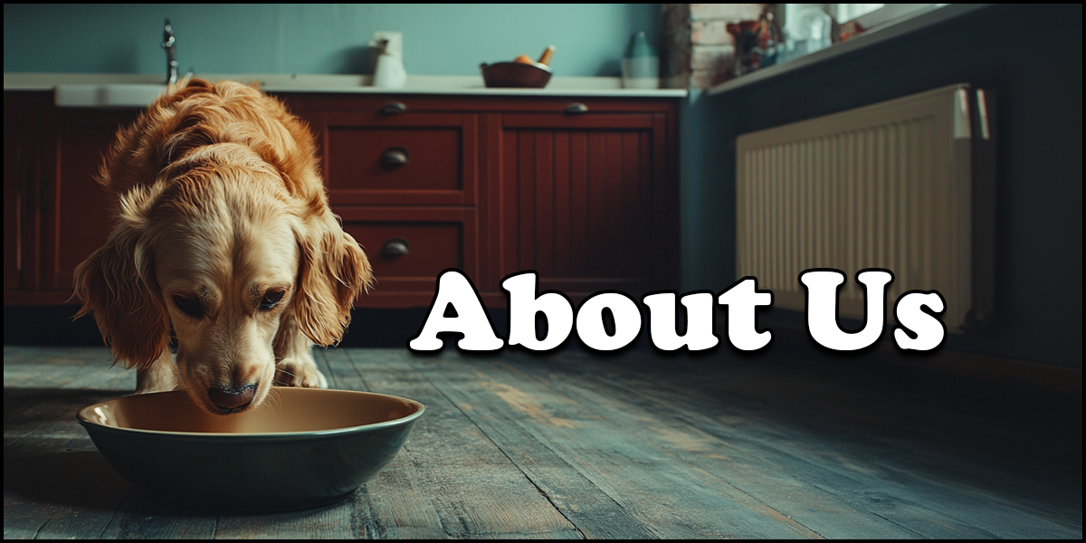 A dog eating from a bowl on a kitchen floor, with the words "About Us" in bold white text beside it.