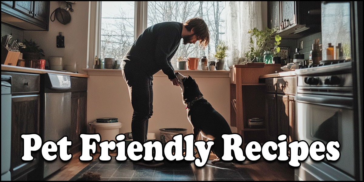 A person standing in a kitchen gives a treat to a dog sitting on the floor, with text overlay reading "Pet Friendly Recipes for your furry friends.
