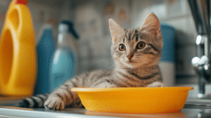 A gray tabby kitten sits in a yellow plastic basin on a kitchen counter, with cleaning bottles—including eco-friendly pet dish soap—and a sink visible in the background.
