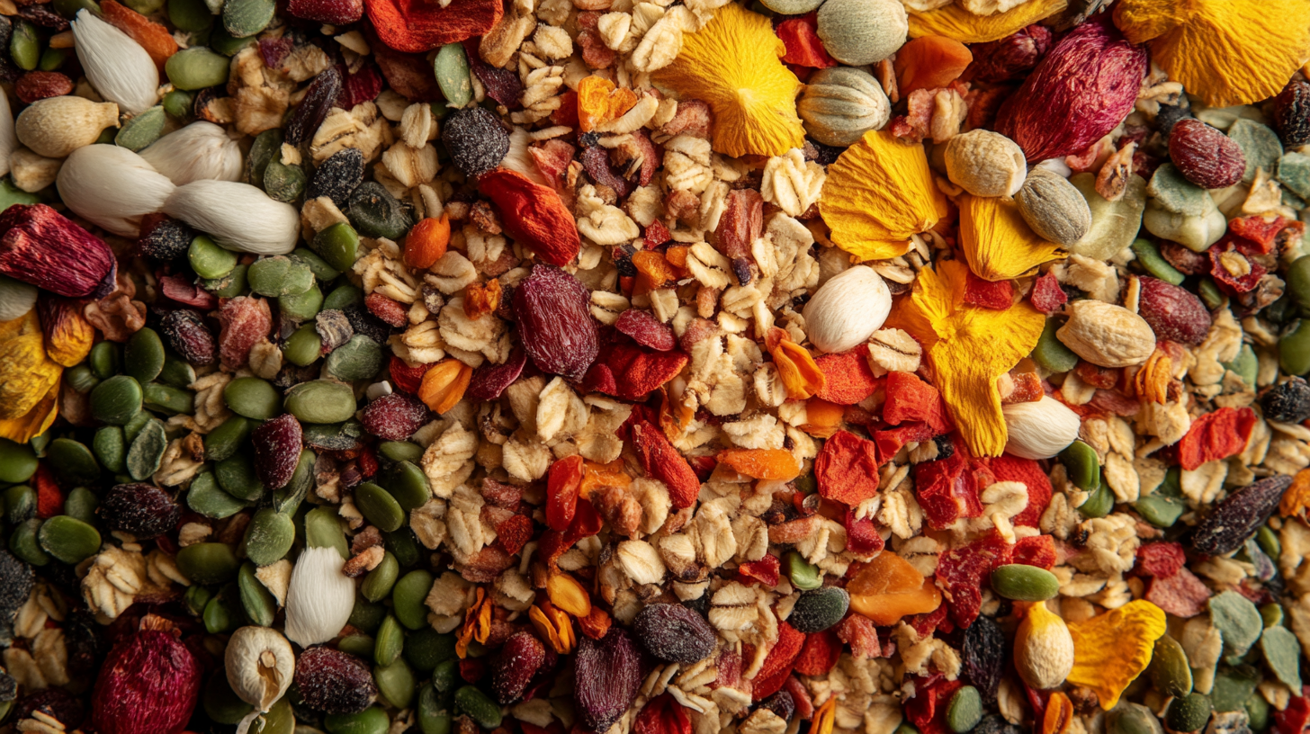 A close-up view of a colorful mixture of dried fruits, seeds, oats, and flower petals.