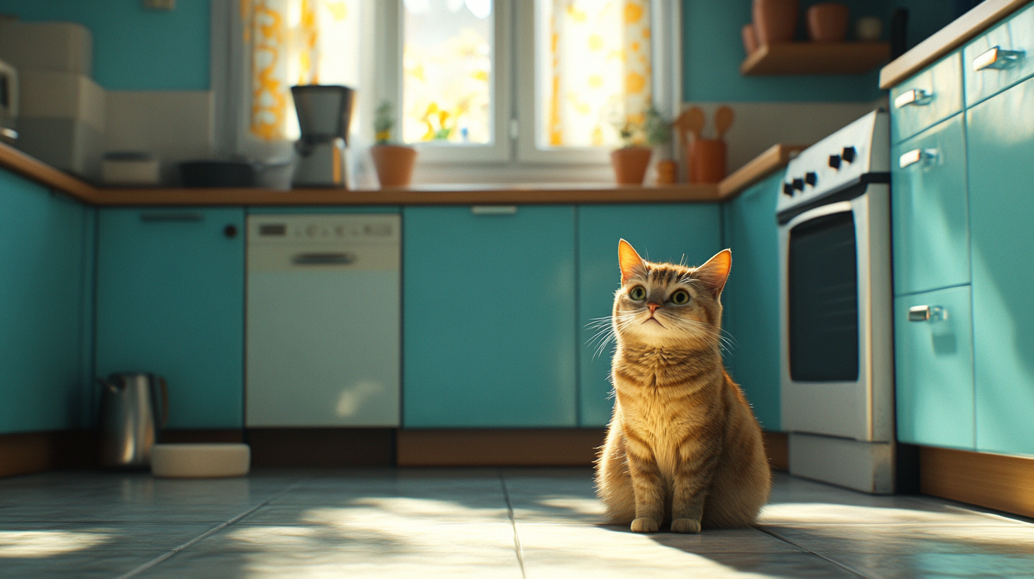 A ginger cat sits on the floor of a brightly lit kitchen with turquoise cabinets, potted plants on the windowsill, and a book of Cat Food Recipes open on the counter.