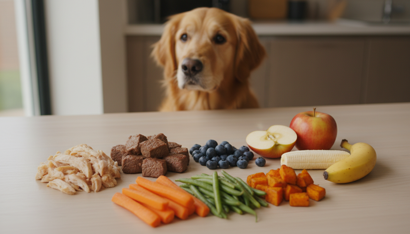safe human foods for dogs including proteins fruits and vegetables